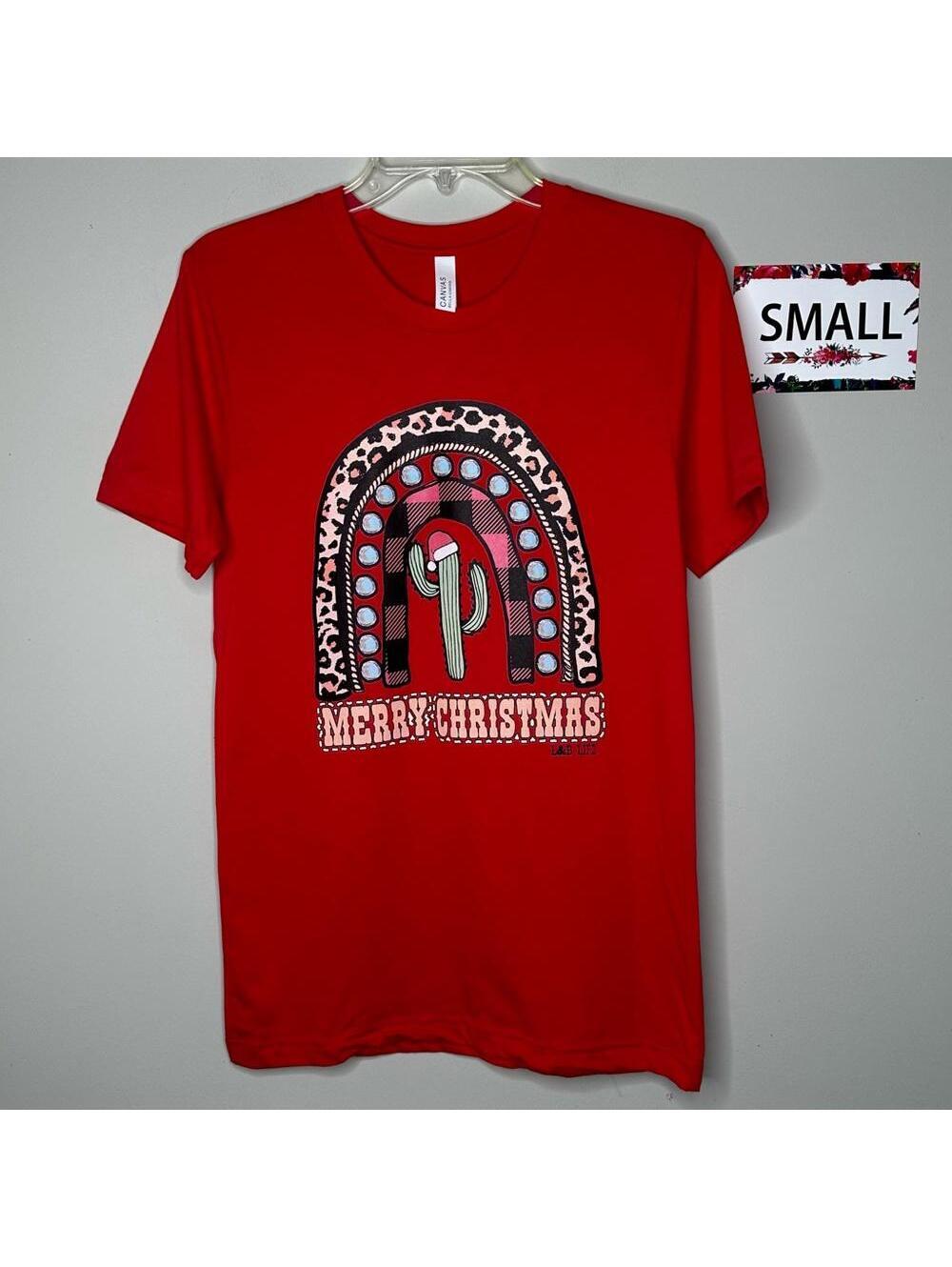 L&B Life Small Merry Christmas Red Rainbow Cactus tee shirt